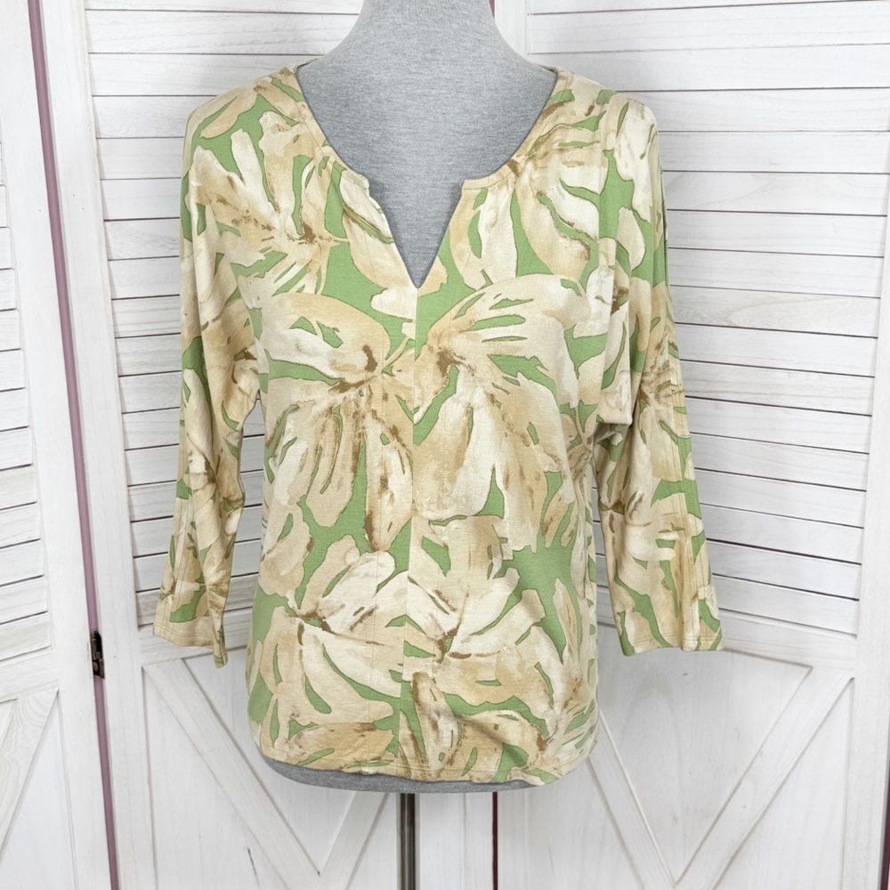 Chicos Palm Leaf Print Cold Shoulder Tee Shirt Top Green Tan Small 0‎